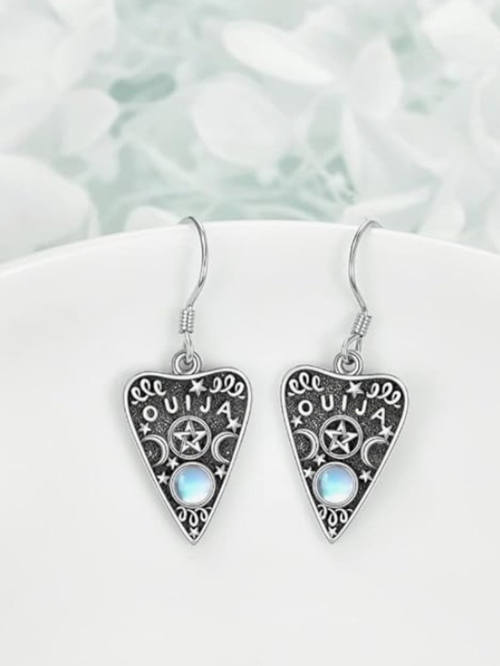 NWT silver tone Ouija planchette with Opalite drop earrings new